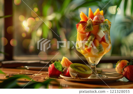 Fresh exotic tropical fruit combo in glass on bar counter on luxury resort.Macro.AI Generative. Fresh exotic tropical fruit combo in glass on bar counter on luxury resort.Macro.AI Generative. 121328055