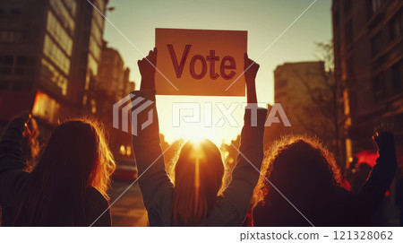 Group of young activists holding a vote sign at a political demonstration at sunset Group of young activists holding a vote sign at a political demonstration at sunset 121328062