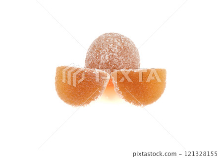 Two halves of sweet marmalade and a whole marmalade on a white background. 121328155