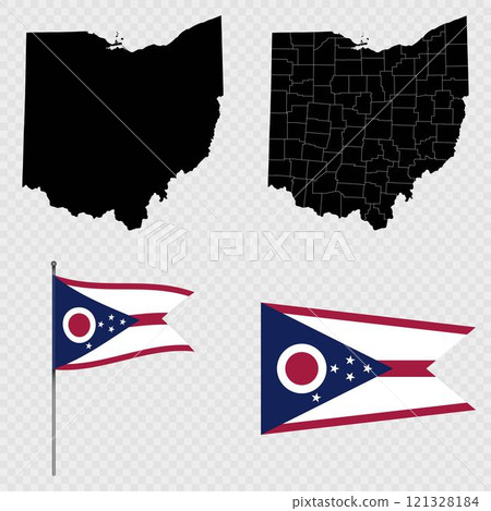 Set of map and map with province, flag and flagpole of Ohio state. Vector illustration. Set of map and map with province, flag and flagpole of Ohio state. Vector illustration. 121328184
