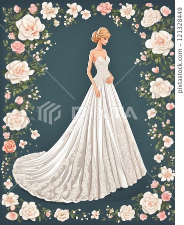 Young woman bride wearing a wedding dress - Generative ai 121328449