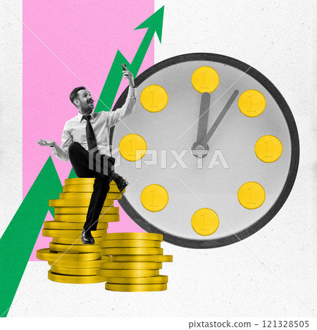 Contemporary art collage. Young, positive man sitting on huge stack of coins against background with clock with coins, as stable income. Contemporary art collage. Young, positive man sitting on huge stack of coins against background with clock with coins, as stable income. 121328505