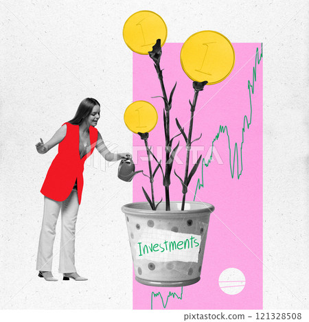 Contemporary art collage. Successful young woman watering her plant INVESTMENT with huge golden coins. Growing income. Contemporary art collage. Successful young woman watering her plant INVESTMENT with huge golden coins. Growing income. 121328508