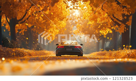 Car drive through road full of autumn leaves, automobile on a picturesque fall street, 121328523
