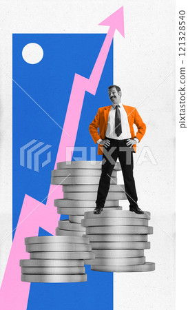Contemporary art collage. Confident, successful young male businessman stand on huge stack of coins against background with raising up chart arrow. 121328540