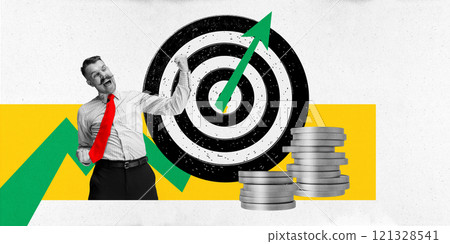 Contemporary art collage. Overjoyed young businessman, investor radiant happiness against target and raising up chart with stack of coins. Contemporary art collage. Overjoyed young businessman, investor radiant happiness against target and raising up chart with stack of coins. 121328541