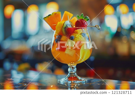 Fresh exotic tropical fruit combo in glass on bar counter on luxury resort.Macro.AI Generative. 121328711