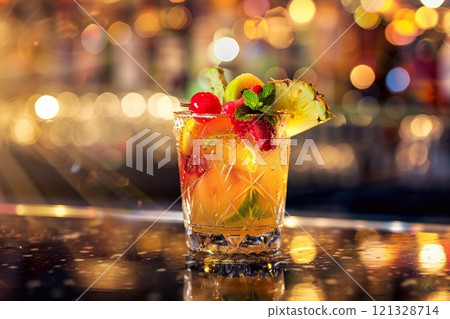 Fresh exotic tropical fruit combo in glass on bar counter on luxury resort.Macro.AI Generative. Fresh exotic tropical fruit combo in glass on bar counter on luxury resort.Macro.AI Generative. 121328714