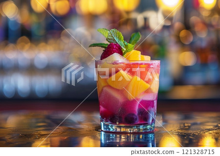 Fresh exotic tropical fruit combo in glass on bar counter on luxury resort.Macro.AI Generative. Fresh exotic tropical fruit combo in glass on bar counter on luxury resort.Macro.AI Generative. 121328715
