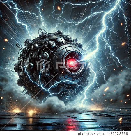 Robot sphere! A time machine-like machine that glows red after being hit by blue lightning Robot sphere! A time machine-like machine that glows red after being hit by blue lightning 121328788