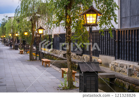 Hida, Gifu, Japan on Shirakabe Dozogai Street at twilight Hida, Gifu, Japan on Shirakabe Dozogai Street at twilight 121328826