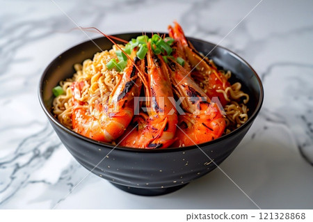 Bowl of noodles with grilled shrimps traditional asian food on restaurant table.Macro.AI Generative. 121328868