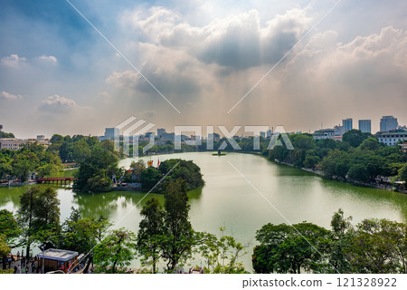 Hoan Kiem Lake ( Ho Guom) or Sword lake in the center of Hanoi in cinematic sunset sky. 121328922