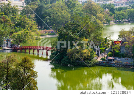 View of red bridge or The Huc Bridge in Hoan Kiem Lake, Hanoi City, Vietnam View of red bridge or The Huc Bridge in Hoan Kiem Lake, Hanoi City, Vietnam 121328924