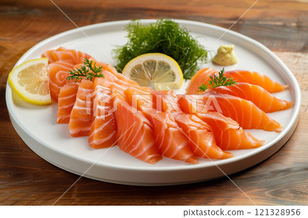 Salmon sashimi slices with lemon and dill on porcelain plate and restaurant table.AI Generative. 121328956