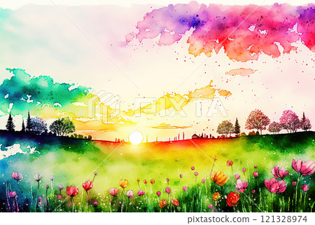 Watercolor sunset spring landscape painting. Trees, bloom, meadow. 121328974