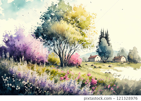 Watercolor spring landscape painting. Trees, flowers and meadow. Watercolor spring landscape painting. Trees, flowers and meadow. 121328976