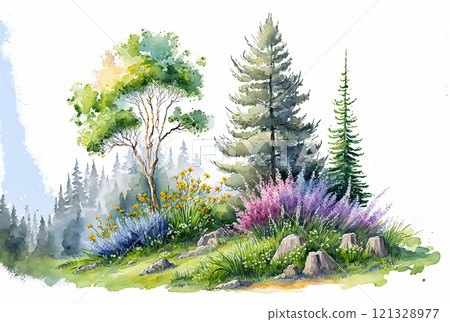 Watercolor spring landscape painting. Trees, flowers and meadow. Watercolor spring landscape painting. Trees, flowers and meadow. 121328977