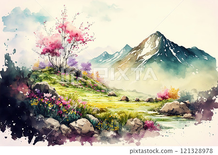 Watercolor spring landscape painting. Trees, bloom, meadow and mountains. Watercolor spring landscape painting. Trees, bloom, meadow and mountains. 121328978