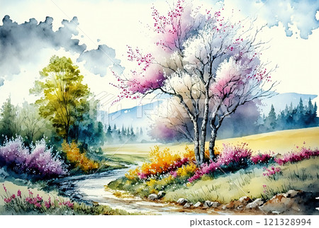 Watercolor spring landscape painting. Trees, bloom, meadow and mountains. Watercolor spring landscape painting. Trees, bloom, meadow and mountains. 121328994