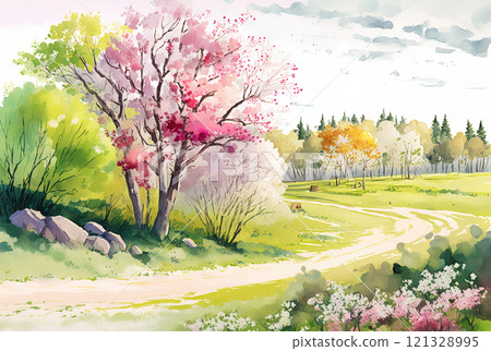 Watercolor spring landscape painting. Trees, flowers and meadow. Watercolor spring landscape painting. Trees, flowers and meadow. 121328995