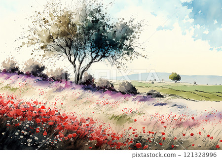 Watercolor spring landscape painting. Trees, flowers and meadow. Watercolor spring landscape painting. Trees, flowers and meadow. 121328996