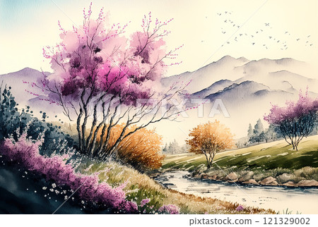 Watercolor spring landscape painting. Trees, bloom, meadow and mountains. 121329002