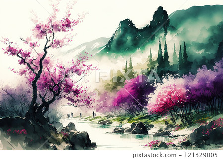 Watercolor spring landscape painting. Flowering trees, bloom, meadow and mountains. Asian landscape Watercolor spring landscape painting. Flowering trees, bloom, meadow and mountains. Asian landscape 121329005