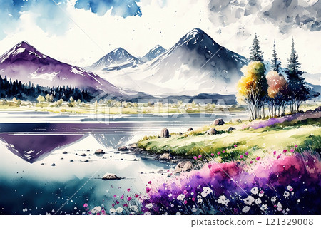 Watercolor spring landscape painting. Trees, bloom, meadow and mountains. Watercolor spring landscape painting. Trees, bloom, meadow and mountains. 121329008