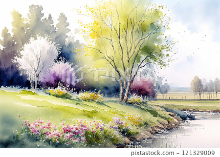Watercolor spring landscape painting. Trees, flowers and meadow. 121329009