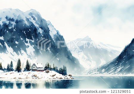 Watercolor winter landscape painting. Trees, lake and mountains Watercolor winter landscape painting. Trees, lake and mountains 121329051