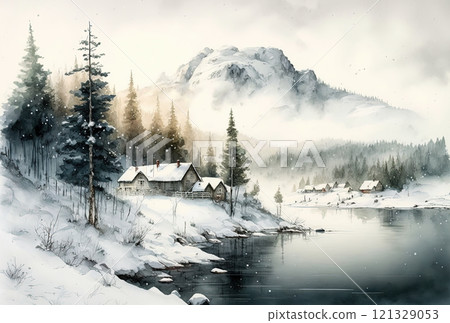 Watercolor winter landscape painting. Trees, lake and mountains Watercolor winter landscape painting. Trees, lake and mountains 121329053
