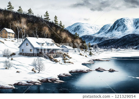 Watercolor winter landscape painting. Trees, lake and mountains Watercolor winter landscape painting. Trees, lake and mountains 121329054