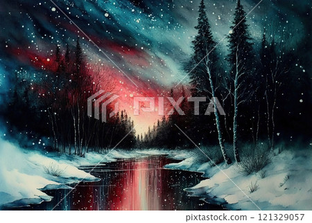 Watercolor winter landscape painting. Forest on a starry night Watercolor winter landscape painting. Forest on a starry night 121329057