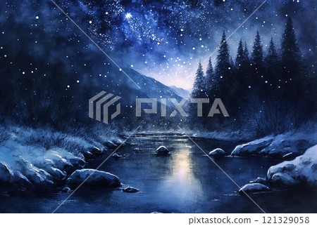 Watercolor winter landscape painting. Forest and mountains on a starry night Watercolor winter landscape painting. Forest and mountains on a starry night 121329058