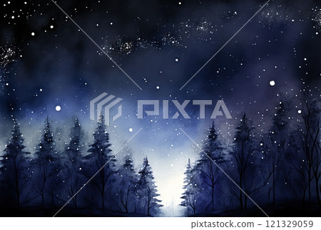 Watercolor winter landscape painting. Forest on a starry night Watercolor winter landscape painting. Forest on a starry night 121329059