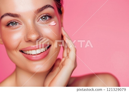 Beautiful portrait of young happy smiling woman with soft skin and hands holding face.AI Generative. 121329079