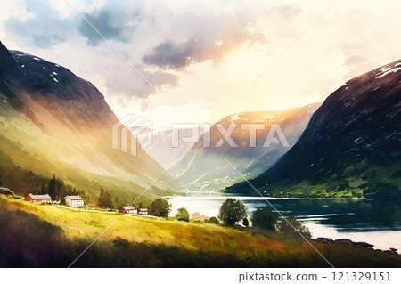 Watercolor summer Norway landscape illustration. Mountains, lake and house. Ai generated Watercolor summer Norway landscape illustration. Mountains, lake and house. Ai generated 121329151