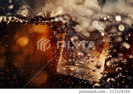 Macro shot of ice cube in glass with cold cola soda soft drink.Macro.AI Generative. Macro shot of ice cube in glass with cold cola soda soft drink.Macro.AI Generative. 121329188