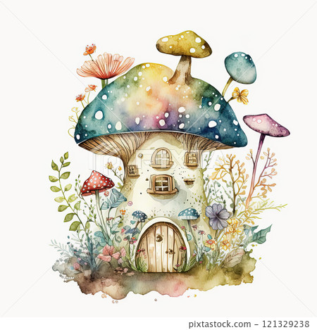 Watercolor magical mushroom house illustration on white background. Ai generated 121329238