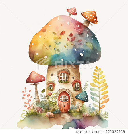 Watercolor magical mushroom house illustration on white background. Ai generated 121329239