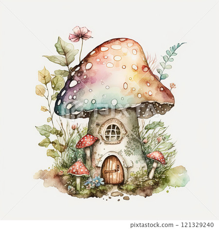 Watercolor magical mushroom house illustration on white background. Ai generated Watercolor magical mushroom house illustration on white background. Ai generated 121329240