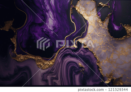 Dark purple and gold marble background. Luxury marble stone texture. Invitation backdrop. 121329344