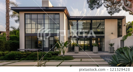 Modern symmetrical villa house with large windows and glass doors on sunny summer day.AI Generative. 121329428