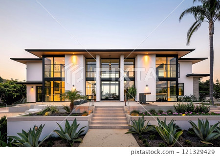 Modern symmetrical villa house with large windows and glass doors on sunny summer day.AI Generative. 121329429