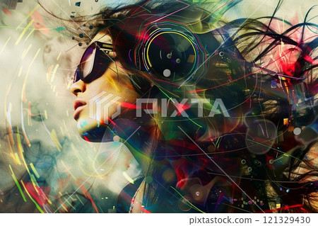 Abstract illustration of young beautiful woman dj in colorful background.Macro.AI Generative. 121329430