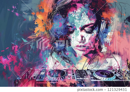 Abstract illustration of young beautiful woman dj in colorful background.Macro.AI Generative. 121329431