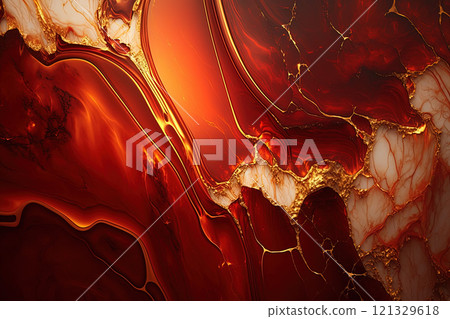 Red and gold marble background. Invitation, card backdrop, banner. 121329618