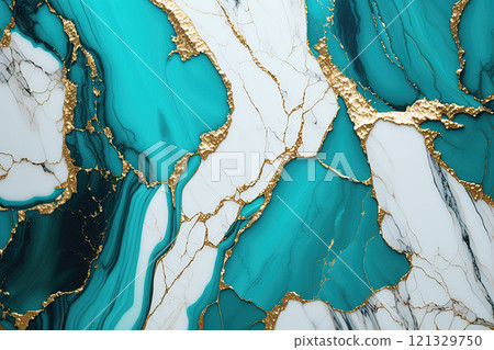 Turquoise, white and gold marble background. Luxury marble stone texture. Invitation backdrop. 121329750