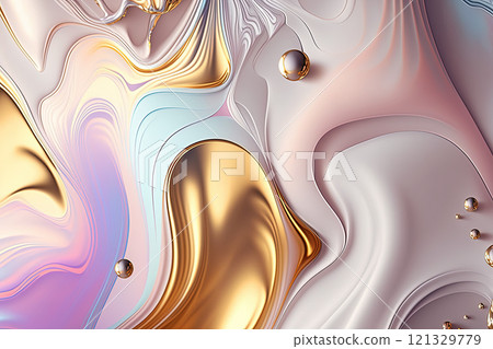 Holographic, white and gold marble background. Luxury marble ink texture. 121329779